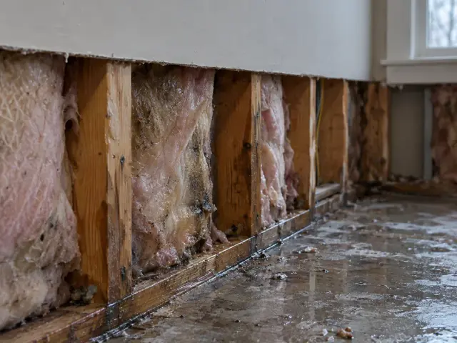 Drywall cut away in a straight line above the water line, bare studs and wet insulation below